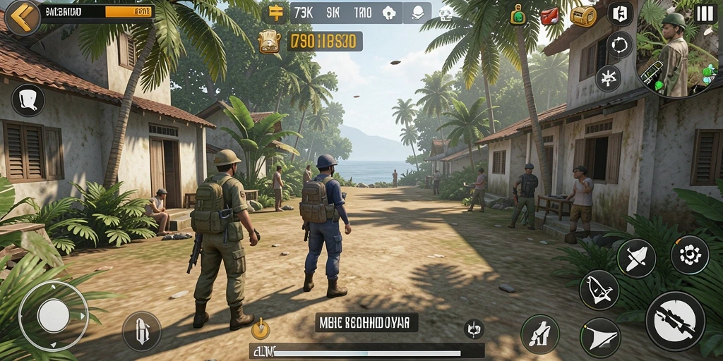 Screenshot utama menampilkan gameplay dinamis dalam 73K.