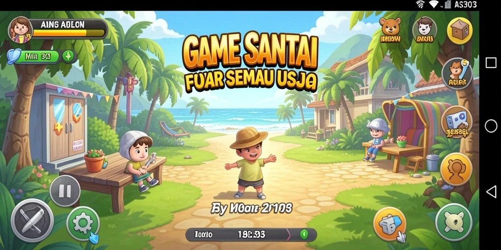 Screenshot ASIA303 menampilkan gameplay santai yang penuh warna.