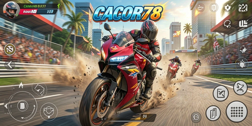 Screenshot utama CACOR78 menampilkan aksi balapan motor yang mendebarkan.