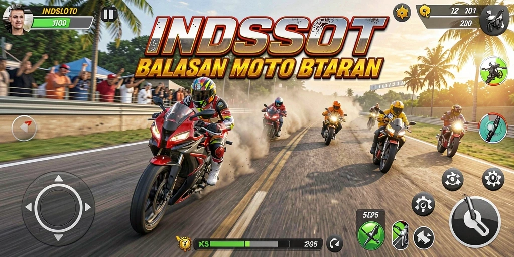 Tampilan layar gameplay INDSLOT dengan motor balapan yang cepat.