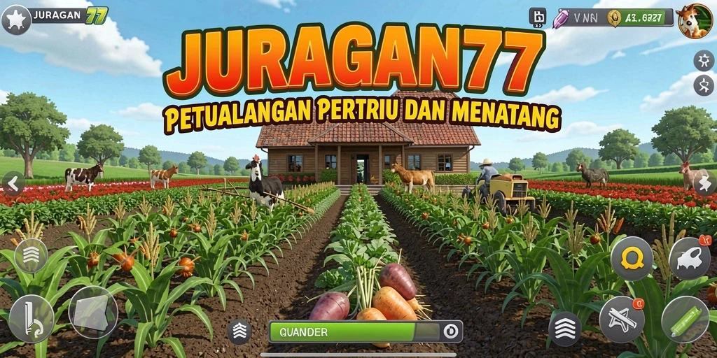 Screenshot utama JURAGAN77 menampilkan pengguna sedang bertani di ladang hijau.