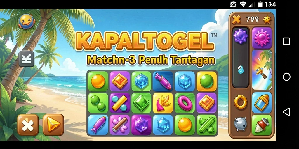 Gameplay seru KAPALTOGEL dengan tantangan Match-3 yang menarik.