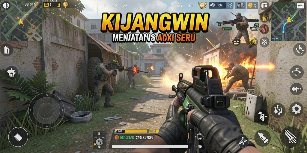 Tangkapan layar gameplay KIJANGWIN yang menunjukkan aksi menembak yang seru.