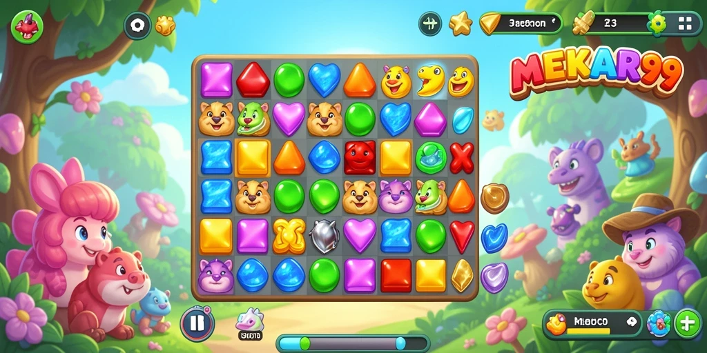 Gameplay seru MEKAR99 dengan warna-warna cerah.