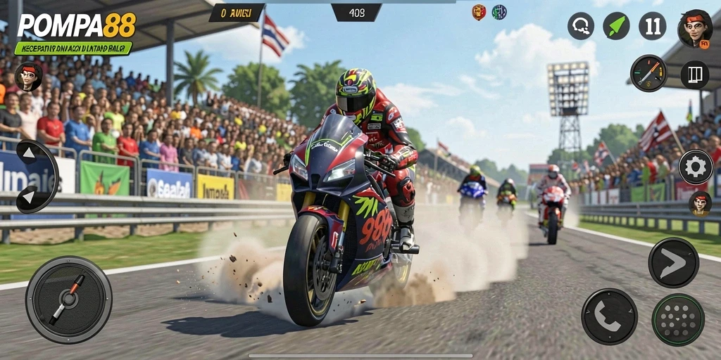 Gameplay POMPA88 menampilkan aksi balap motor yang mendebarkan.
