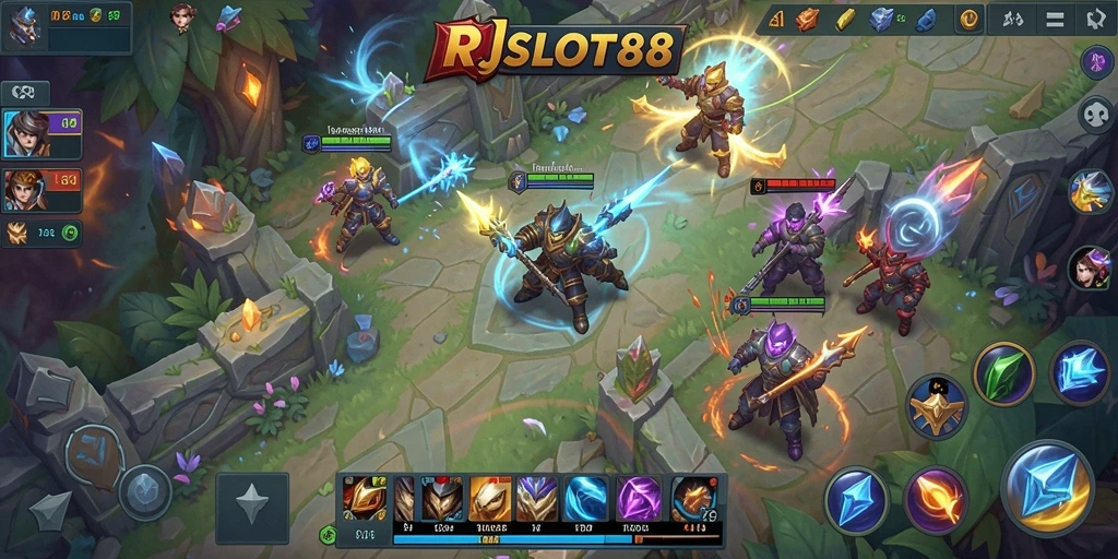 Tampilan gameplay seru dalam RJSLOT88 yang menampilkan pertarungan antar karakter.