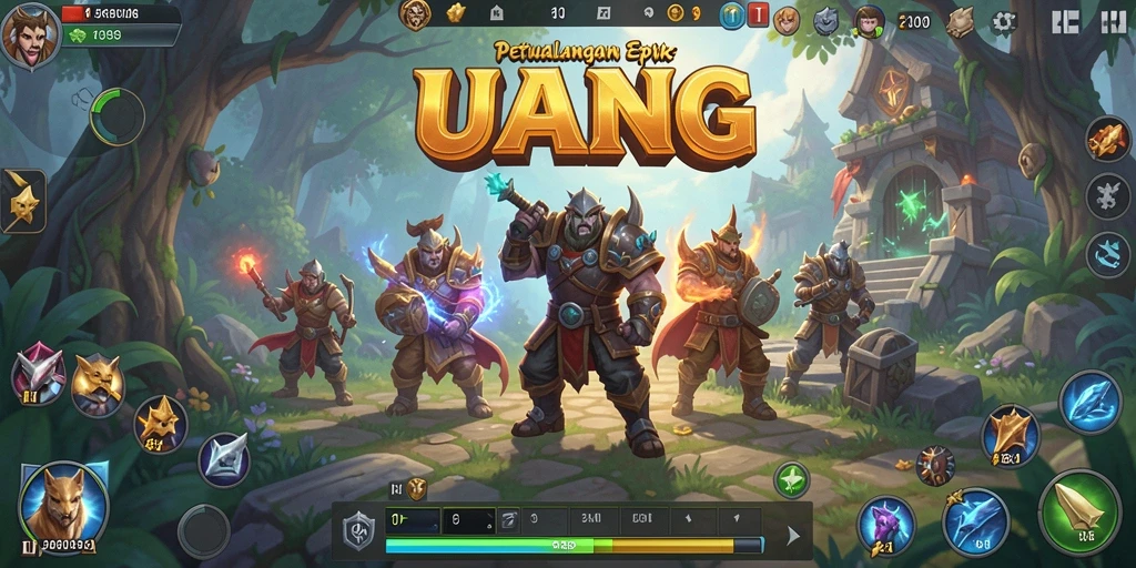 Screenshot utama UANG menampilkan aksi pertarungan epik RPG.