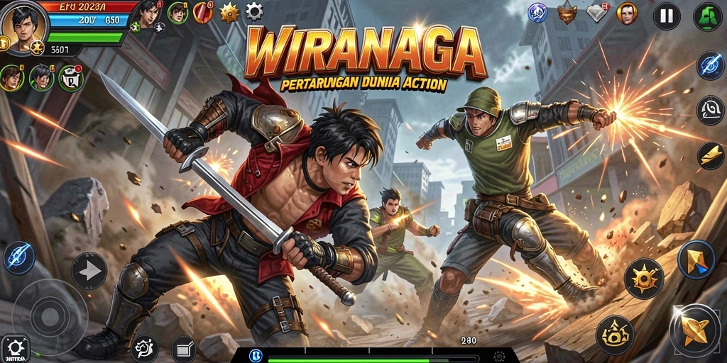 Screenshot menampilkan aksi pertarungan epik dalam WIRANAGA.