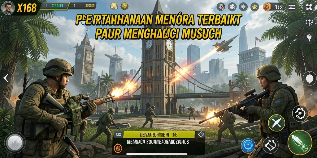 Tampilkan gameplay X168 dengan menara yang melawan gelombang musuh.
